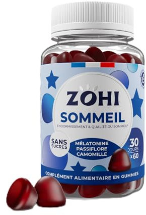 Complément Alimentaire Sommeil -Gummies Sommeil favorisant l'Endormissement et la Qualité du Sommeil- Mélatonine- 60 gommes de fruits goût Fraise Sans Sucres- Vegan- ZOHI- Fabriqué en France