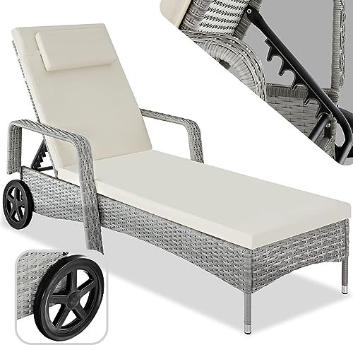 tectake® Chaise Longue Bain de Soleil en Resine Tressee Résistant Inclinable avec Roulettes Transat Salon de jardin exterieur Mobilier de Jardin Chaise Longue Piscine Plage - Gris Clair/Crème