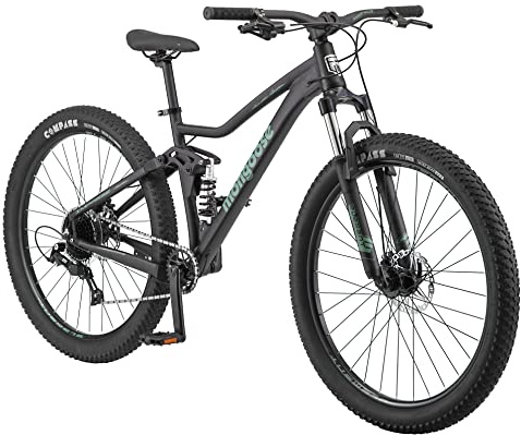 Mongoose Impasse 1.0 Mountain Bike for Adult Men & Women, 7-Speed, Full Suspension, 27.5-Inch Wheel, 17-Inch Frame, Front & Rear Mechanical Disc Brake, Matte Black