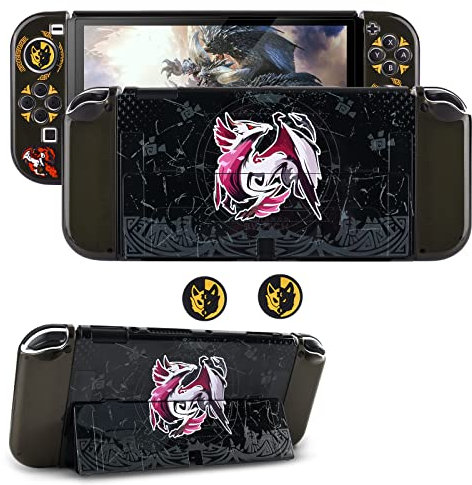 DLseego Schutzhülle Kompatibel mit Switch OLED, Andockbare, Durchsichtige PC-Abdeckung und Joy-Con TPU-Hülle mit 2 Silikon-Joystick-Kappe,Monsterjäger