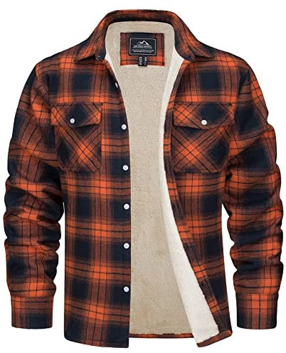 MAGCOMSEN Herren Thermohemd Warme Kariertes Hemd Gefüttert Plaid Jacke Baumwolle Holzfällerhemd Herren Flanell Winterjacke Lässig Outdoor Übergangsjacke mit Multi Taschen Orange M
