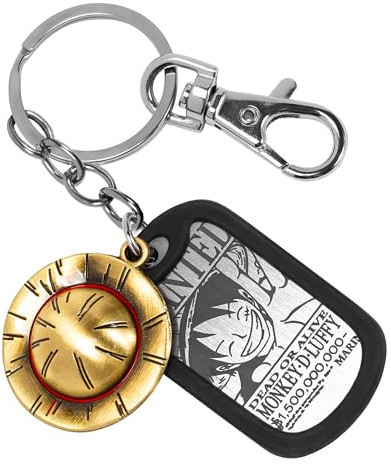 Weeb Keychains - Coffret cadeau porte-clés One Piece – Poster Monkey D Luffy Wanted avec breloque chapeau de paille | Cadeaux One Piece et cadeaux Anime pour homme, comme sur l'image, taille unique