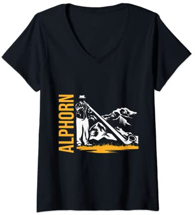 Damen Alphorn Naturhorn Schweiz T-Shirt mit V-Ausschnitt