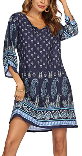 Zeagoo Womens Summer Beach Dress Boho Floral Dresses V Neck Casual Party Bohemian Short Dress for Ladies M