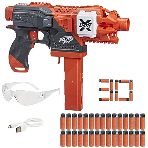 NERF Pro Stryfe X Dart Semi-Auto Blaster, Wiederaufladbarer LiPo-Akku, 30 AccuStrike Halblength Darts, 15-Dart Magazin, 150FPS, Eyewear, 14+ (Amazon Exclusive)