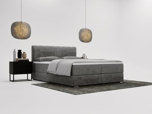 GRAINGOLD Forte Bett 180x200, Boxspringbett mit Bettkasten, Polsterbett mit Bonell-Matratze, Samt Stoff, mit Topper, mit Kopfteil (Grau, 180x200)