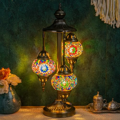 Marrakech Turkish Lamp 3 Globes Moroccan Table Lamp with Bronze Base, 23 Tall Handmade Colorful Tiffany Mosaic Glass Night Light Fixture Including LED Bulb for Living Room Bedroom Decor