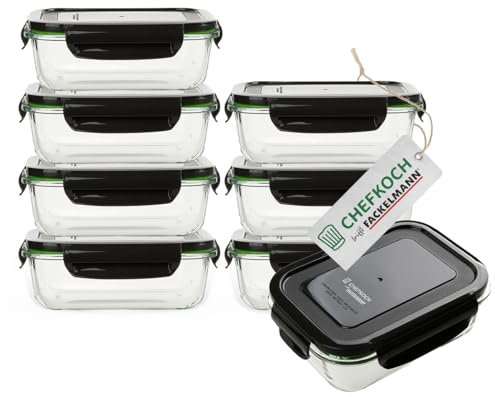 FACKELMANN Chefkoch 8er Set Vorratsdosen – Ideal für Mealprep – 1050ml Borosit-Glas mit Kunststoffdeckel – Mikrowellen- & ofengeeignet – Auslaufsicher und luftdicht