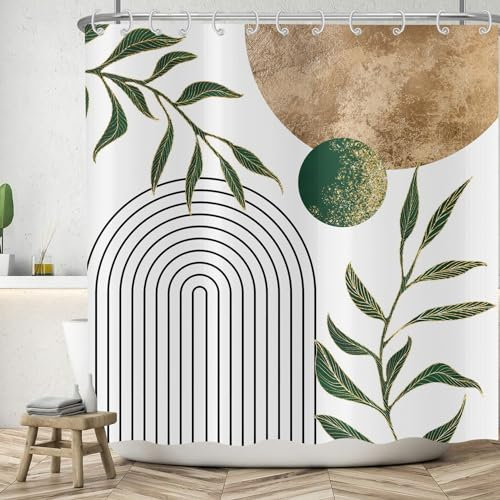 ASDCXZ Boho Duschvorhang 240x180 cm, Modern Abstrakt Kunst Boho Style Retro Sonne Grün Blätter Weiß Bad Waschbar Duschvorhänge Polyester Textil Wasserdicht Badevorhang für Badewanne mit 12 Haken