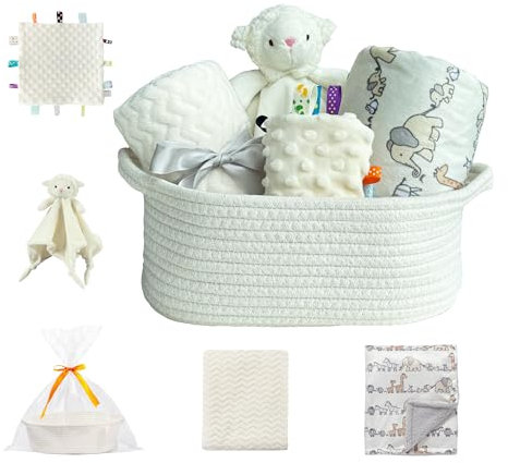 CREVENT Baby-Willkommens-Geschenkset, Aufbewahrungskorb mit 2 Decken, einem Schmusetuch, einem Labeltuch und einem Geschenkbeutel mit Schleife, Elfenbeinfarbe