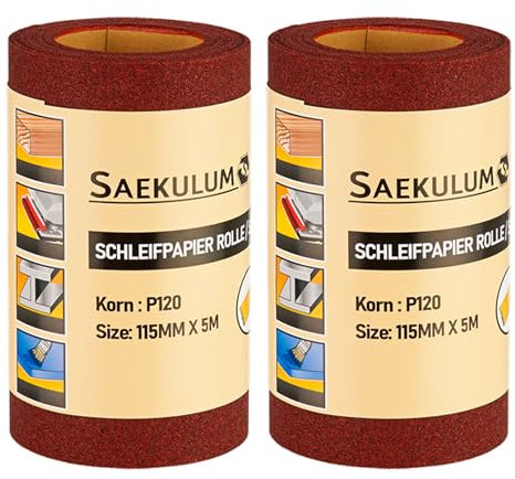 2x Schleifpapier Rolle Korn 120, 115 mm x 5m, Sandpapier Schmirgelpapier universal einsetzbar, für Holz Kunststoff Lacke Metall
