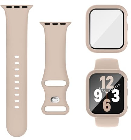 Joehwerr 3-in-1 Compatible for Apple Watch Straps 45mm with Case & Screen Protector, Silicone Sport Strap and Protective Cover with 9H Tempered Glass for iWatch Series 9/8/7, Milktea