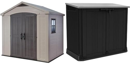 Keter Factor 8 x 6 ft Outdoor Storage Shed, Beige/Brown & 249319 Store it Out Nova Outdoor Garden Storage Shed, 32 x 71.5 x 113.5 cm, Dark Grey with Light Grey Lid