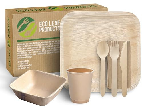 ECO Leaf 350 Pcs Disposable Palm Leaf Dinner Set | 50 X 10 Square Plates, 5 Square Bowls, 8oz Bamboo Paper Cups, Wooden Cutlery Set | Eco-Friendly Heavy-Duty Bundle for Wedding, Party, Picnic