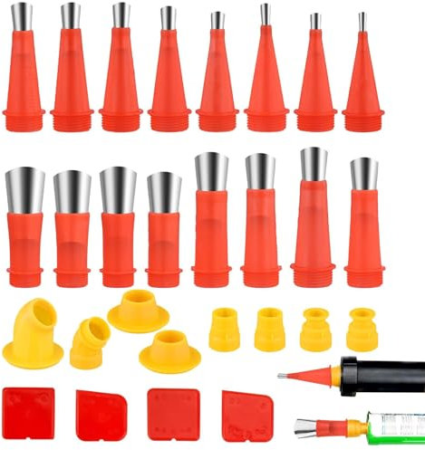 28 Stück Edelstahl Dichtungsdüse, Gummidüse Werkzeug Kit,Integriertes Gummidüsen, Transparent Silikontüllen, für Badezimmer, Küchen, Türen und Fenster, Rahmendichtungen