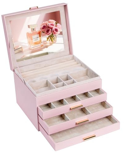 AdelDream Boîte à bijoux à 4 niveaux avec fermeture grande boîte à bijoux cadeau pour femmes filles et amis pour les anniversaires et les vacances rose