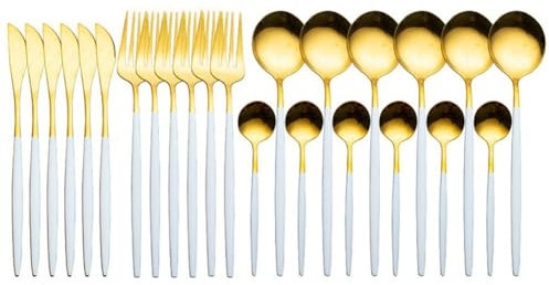 Yurhuit 24 PièCes Ensemble de Vaisselle en Acier Inoxydable Couverts CuillèRe Fourchette Couteau Western Cutleri Argenterie Couverts, Blanc-Or