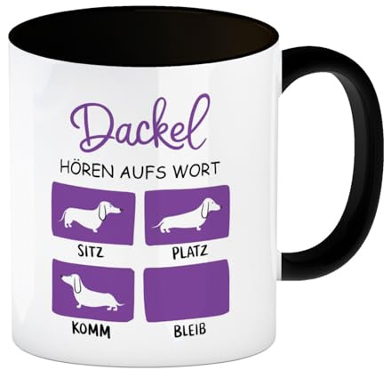speecheese Dackel Liebe - Dackel Kaffeebecher in schwarz Humorvoller Kaffeebecher in schwarz mit Dackel Silhouette - Sitz Platz Komm Bleib Positionen und viel Liebe für Tierfreunde
