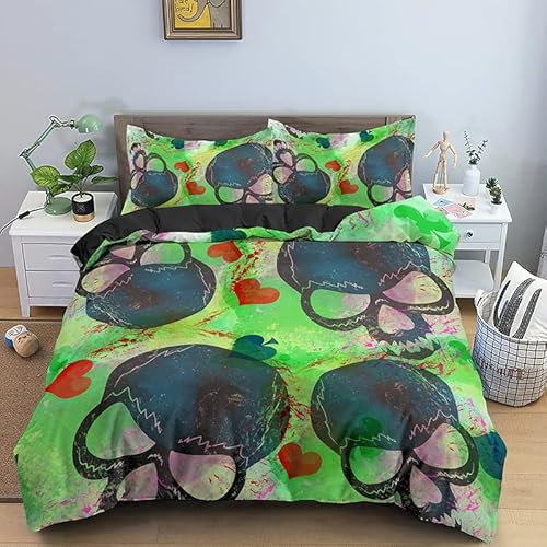 BJCJGGL Bettwäsche 200x220 GrüNer Totenkopf Bettwäsche-Set mit Reißverschluss Schließung und 2 Kopfkissenbezug 80x80 cm - Weiche Angenehme Mikrofaser Bettbezug für Erwachsene Kinder