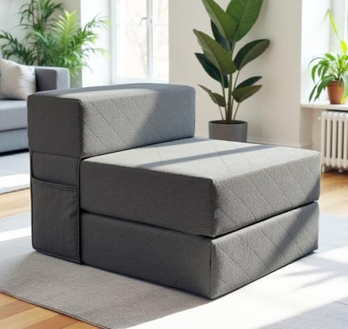 Schlafsessel mit Bettfunktion – Schlafsofa 75 cm breit, faltbare Schlafcouch & Gästematratze für 2, klappbares Sofa Bett – Extra dick 20cm & bequem H3 – Test SEHR GUT Oeko-TEX Standard Klappmatratze