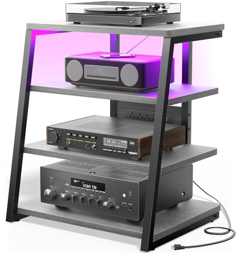 AV Media Stand with Outlets, Stereo Stands and Racks with Vinyl Storage, Stereo Stand with Record Storage, Audio Stereo Rack Cabinet, Turntable Console Stand with LED lights, 4 Tiers, Walnut Grey