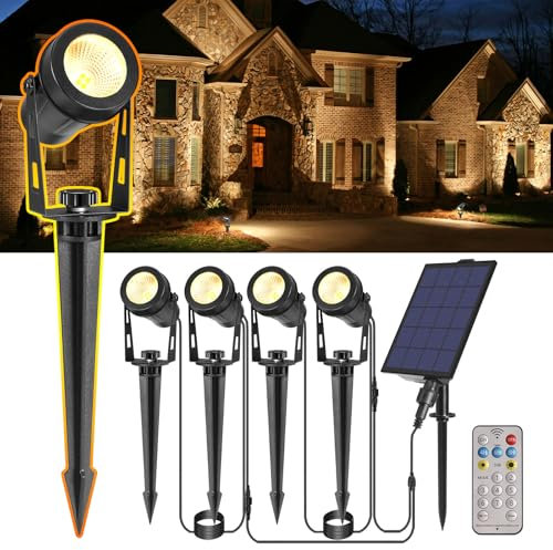 GreenClick Solar Spot Lights Outdoor Garden, 4in1 Solar Garden Lights Auto ON/Off, IP65 Waterproof Spotlights Solar Powered with Remote Control, Spike Light with Timer for Yard Lawn Tree Path
