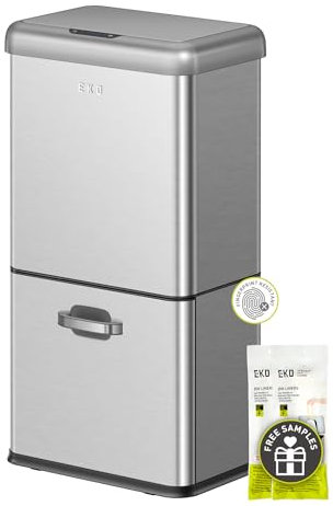 EKO Poubelle de cuisine vintage avec détecteur de mouvement, double compartiment de 32 L + 18 L, en acier inoxydable, sans contact, poubelle de recyclage automatique avec couvercle pour la maison ou