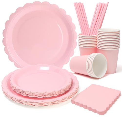 PARTY GO 125Pcs Pink Paper Plates, Party Tablewares Disposable Supplies Pack for Birthday, Baby Shower, Holiday Wedding Graduation Party Decorations