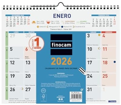 Finocam - Wandkalender 2026 Monatsansicht Januar - Dezember 2026 (12 Monate) | Kalender 2026 zum Notieren | Monatsplaner Farbe - Spanisch