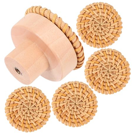 HOMOCONO Patères Vintage En Rotin Tressé 5 Pièces, Crochets Muraux Pour Intérieur Et Extérieur, Supports Robustes Pour Clés, Paquet Et Serviettes, Forme Ronde En Bois