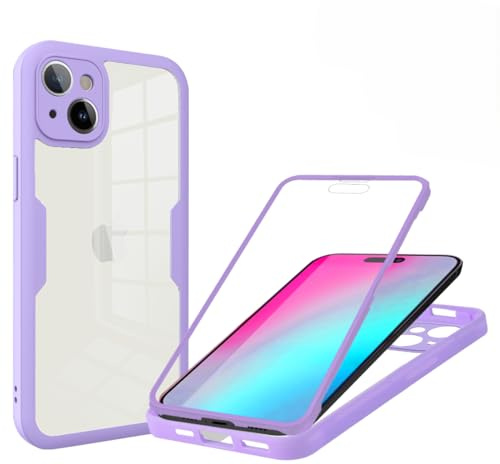 JYNCHDZ for iPhone 15 Case Built-in Screen Protector Shockproof TPU Bumper Clear Hard PC Shell 360 Full Body Protection Slim Fit Transparent Rubber Case for iPhone 15, Purple