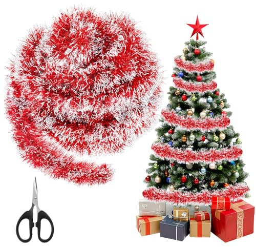 10M Lametta Girlande Weihnachten, Glänzend Weihnachtsgirlande mit 1 Schere, Christbaumschmuck Girlande, Weihnachtsdeko für Baum, Kamin, Treppe & Fenster (Rot)