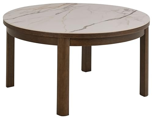 AC Design Furniture Ea Round Coffee Table, Cream Polished Ceramic Top, Frame Smoke NC Varnished Oak Veneer Diameter 90 x 45 cm