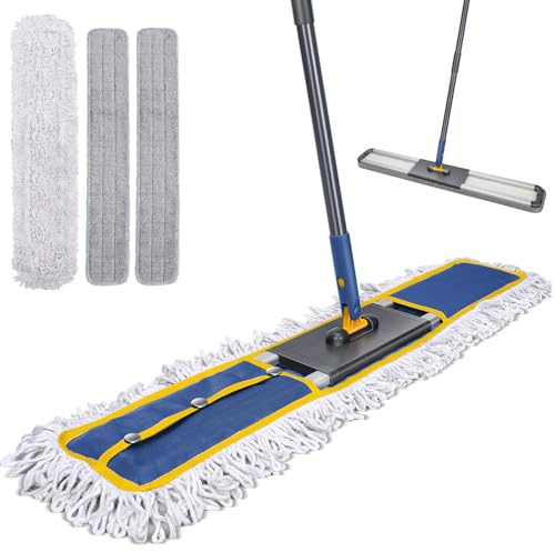 MASTERTOP 90cm Heavy-Duty Industrial Flat Mop, 155cm Telescopic Handle,Blue | 3 Reusable Pads, Wet & Dry Use, 360°Rotating Head, Aluminium Alloy Frame for Warehouse Office Hard Floor Cleaning