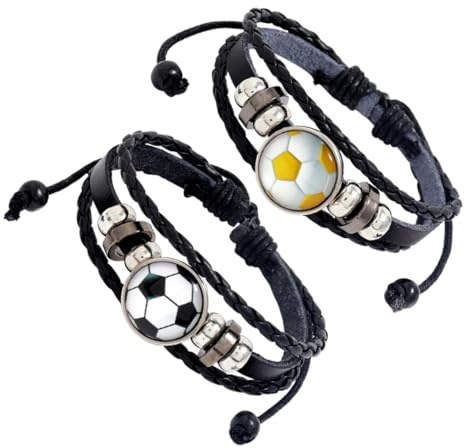 CIYODO 2 Stück Teiliges Fußball Lederarmband Stylisches Armband mit Perlen Verstellbares Fußball Fans Lederarmband Individuelles Handgelenkschmuck Geschenk für Männer und Jungen