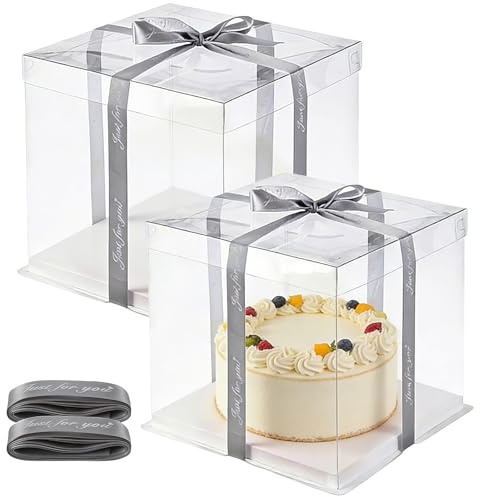 Zorplex 2 Stk Tortenbox, 30 x 30 x 25 cm Durchsichtige Geschenkbox mit Band und Boden, Tortenschachtel zum Transport und zur Aufbewahrung von Kuchen, Ideal für Geburtstag, Hochzeit (30)