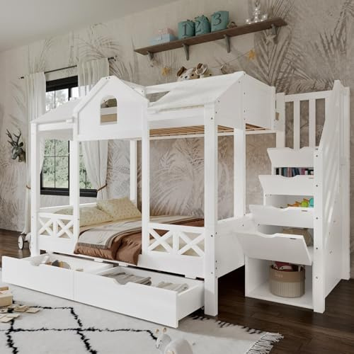 EURHCIO Lit Superposé Enfant 3 Places 90/140x200cm,Lit Cabane Enfants avec 2 Tiroirs à roulettes,Fenêtres et Toit Raffinées,échelle de Rangement,pour Enfants Adolescents