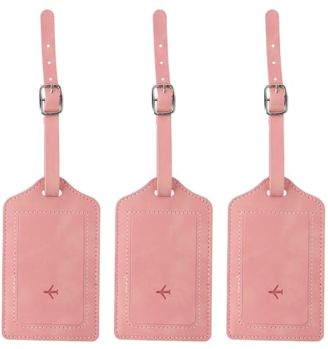 3 Stück Kofferanhänger mit Adressschild, Kofferanhänger Flugreise, Adressanhänger Koffer, PU Leder, Flugreise Gepäckanhänger, für Reisetaschen, Rucksäcke, Koffer (Rosa)