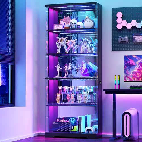 FREDEES RGB Display Cabinet with Glass Doors, 175CM, Black | RGB Lights, 5-Tier Lockable Shelves for Collectibles/Figures/Books, Smart Human Sensor, For Living Room, Gaming Room