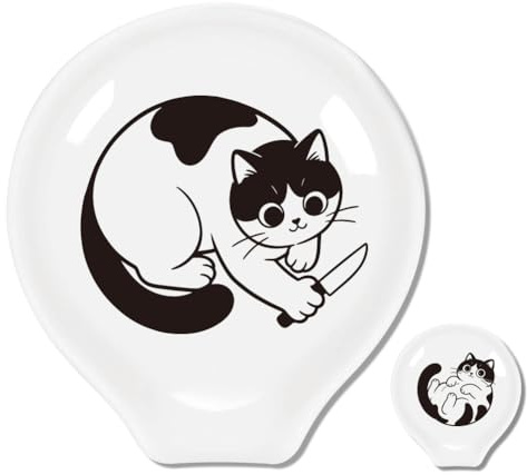 ANATTASOUL 2Pcs Cat with Small Knife Ceramic Spoon Rest Kitchen for Cooking | 3.34x3.54,TeaSpoon Holder,Heat Resistant,Porcelain,Kitchen Utensils,Decorative,for Stove Top,Counter,Cooking Lover Gifts