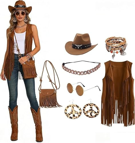 Lunovrans Cowgirl Kostüm Damen - Western Outfit Hippie Set, Fransenweste Weste mit Hippie Ohrringe Brille Armband Kleine Handtasche Halskette, Mode 60er 70er Jahre Bekleidung für Karneval Mottoparty