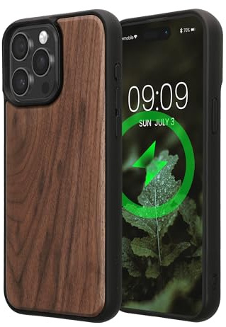 kwmobile Echtholz Schutzhülle kompatibel mit Apple iPhone 15 Pro Max Hülle - Cover aus Holz und TPU - Kompatibel mit MagSafe - Case in Dunkelbraun Holz