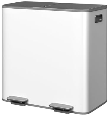 Garvee Mülleimer Küche 2 x 40 L Edelstahl Mülltrennsystem Doppelfach | Treteimer mit Soft-Close Deckel, Fußpedal, Tretmechanismus und herausnehmbaren PP-Inneneimern, Grau-Weiß