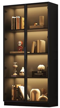 staronce Glasvitrine & Standvitrine mit App-gesteuerter LED-Beleuchtung – Vitrinenschrank 80 cm breit mit 2 Glastüren & Aluminiumrahmen, verstellbare Einlegeböden – Hochschrank Schwarz