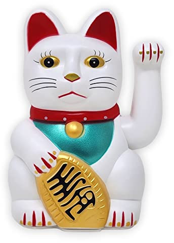 Starlet24® Winkende Glückskatze Winkekatze Lucky Cat Maneki-Neko Winkende Japanische Maneki-Neko batteriebetrieben (Weiss, 13cm)