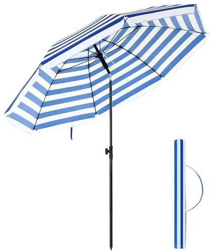 SONGMICS Parasol de Playa Ø 1,6 m, Sombrilla de jardín con UPF 50+, Inclinable, Portátil y Resistente al Viento, Varillas de Fibra de Vidrio, Bolsa de Transporte, Raya Azul y Blanco GPU60WU