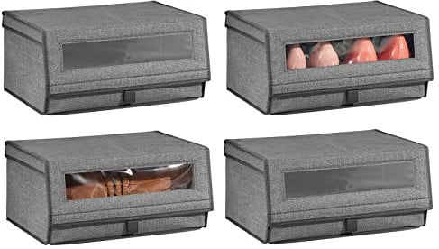 mDesign 4er-Set Schuhaufbewahrung aus Stoff – stapelbare Schuhbox mit Sichtfenster, Klettverschluss und Klappdeckel – Aufbewahrungsbox für den Schrank oder das Regal – dunkelgrau