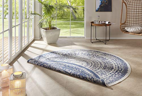 Freundin Home Collection Nora In- & Outdoor Teppich Rund – Wendeteppich Wetterfest Modernes Design Runder Teppich für Balkon Terrasse Wintergarten Badteppich Wohnzimmerteppich, Blau Creme, 140cm