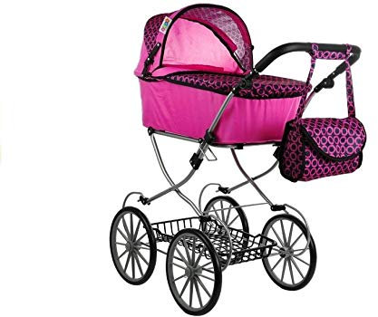 BSD Puppenwagen, Puppenwagen mit Wickeltasche - Rosa Kreise