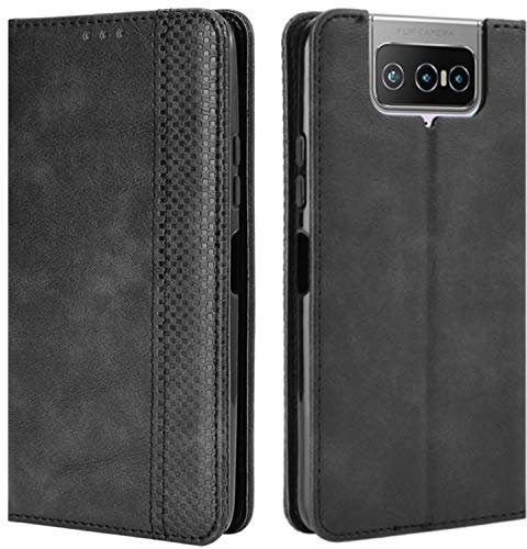 HualuBro Handyhülle für Asus Zenfone 7 Pro Hülle, Retro Leder Stoßfest Klapphülle Schutzhülle Handytasche LederHülle Flip Case Cover für Asus Zenfone 7 Pro ZS671KS Tasche, Schwarz